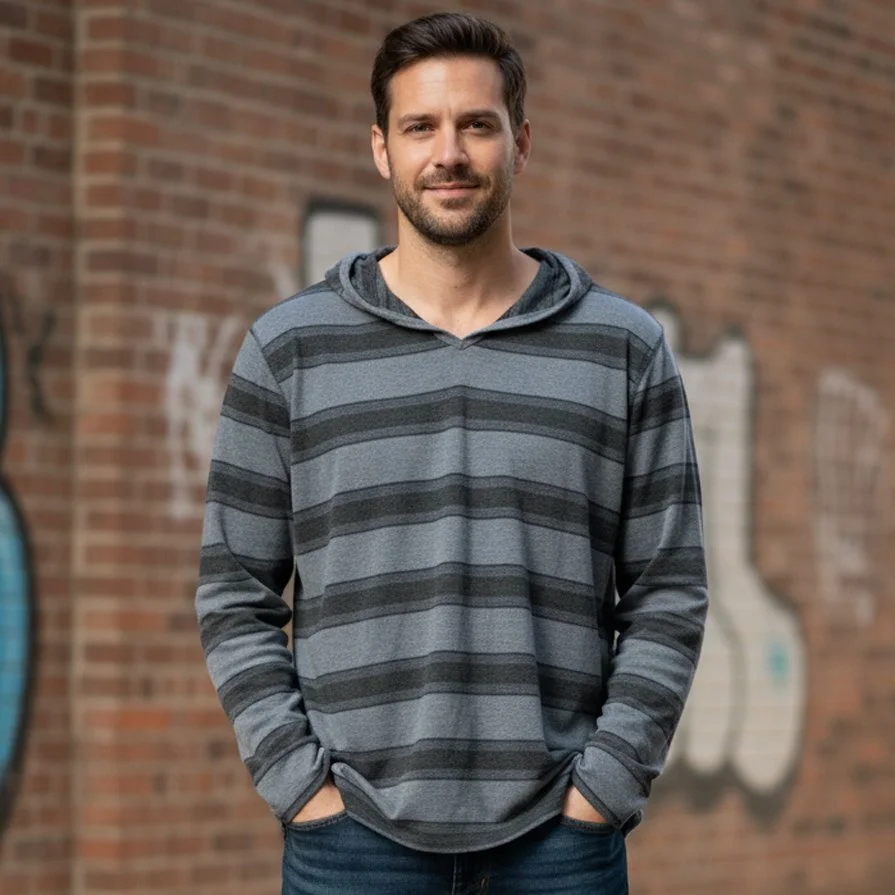 Threads 4 Thought Gray Stripped long Sleeve Hoodie l Size L