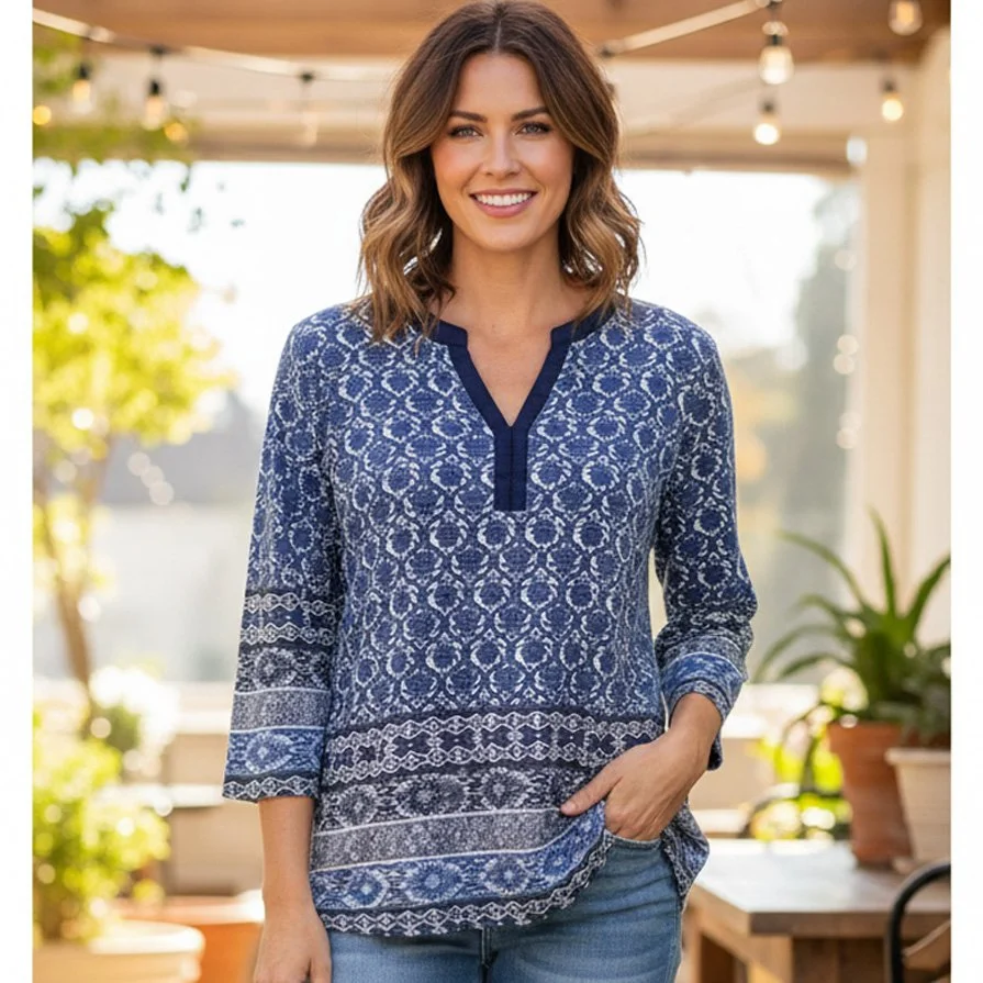 Dressbarn Blue Palmette Floral Pattern V-neck 3/4 Sleeve Women's Top l Size M