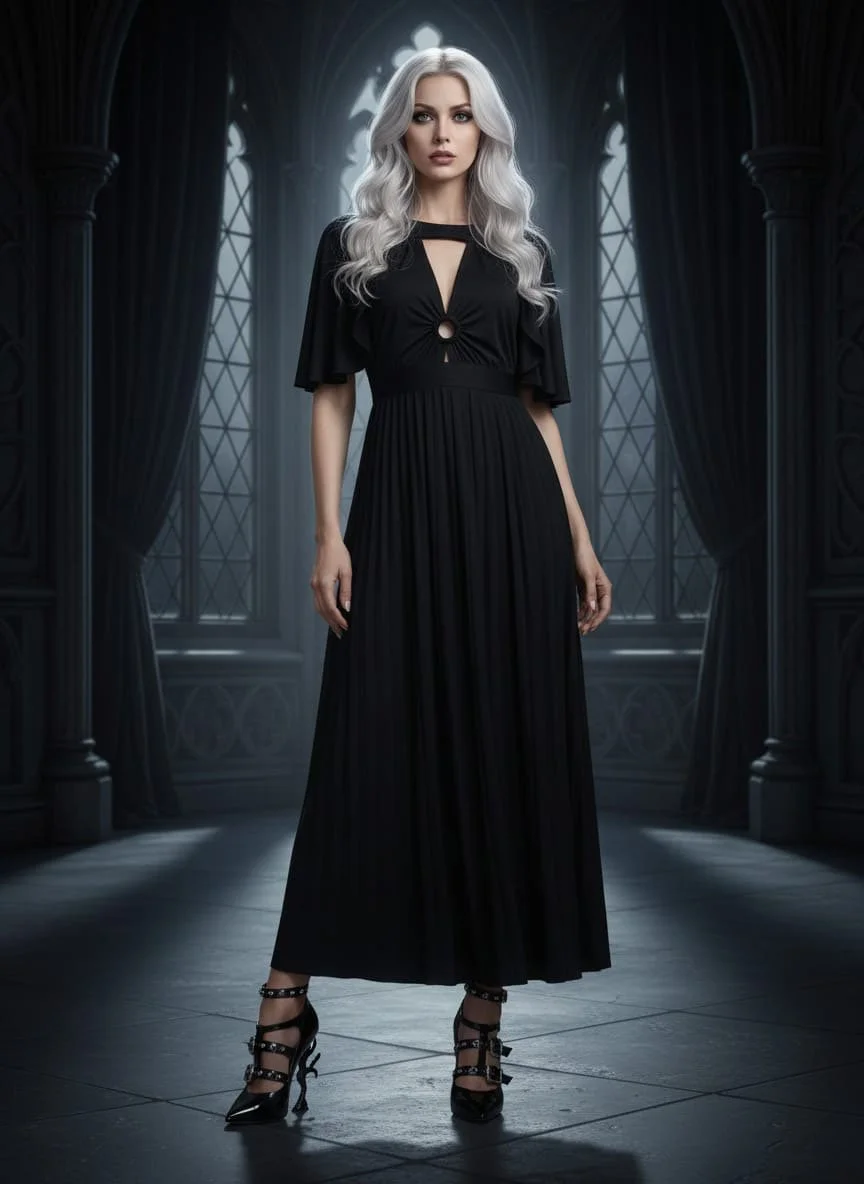 Smak Parlour Pleated Black Maxi Dress with Cape l Size L
