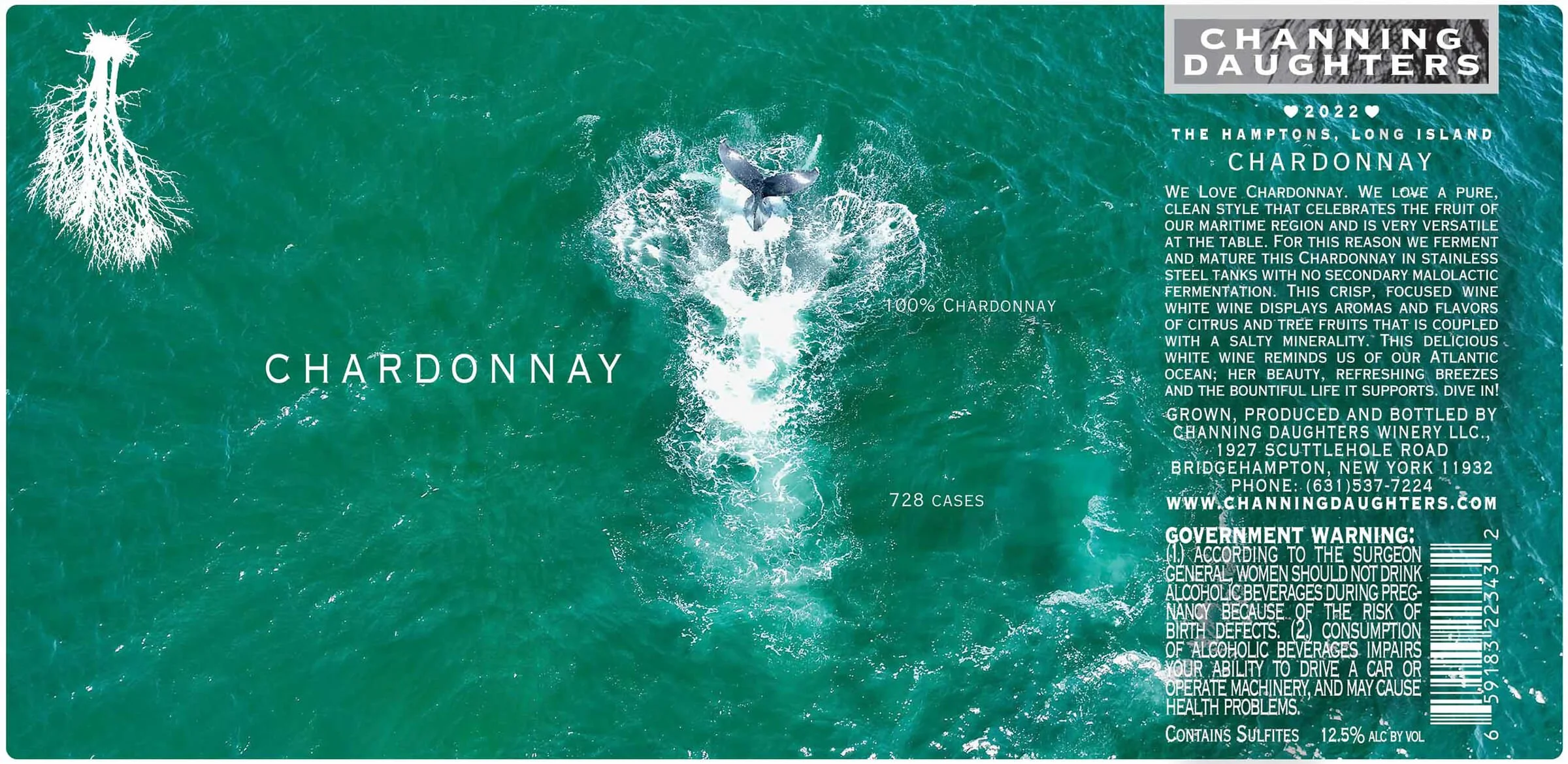 Chardonnay full label featuring a humpback whale diving on a local beach photographed by Tim Regan