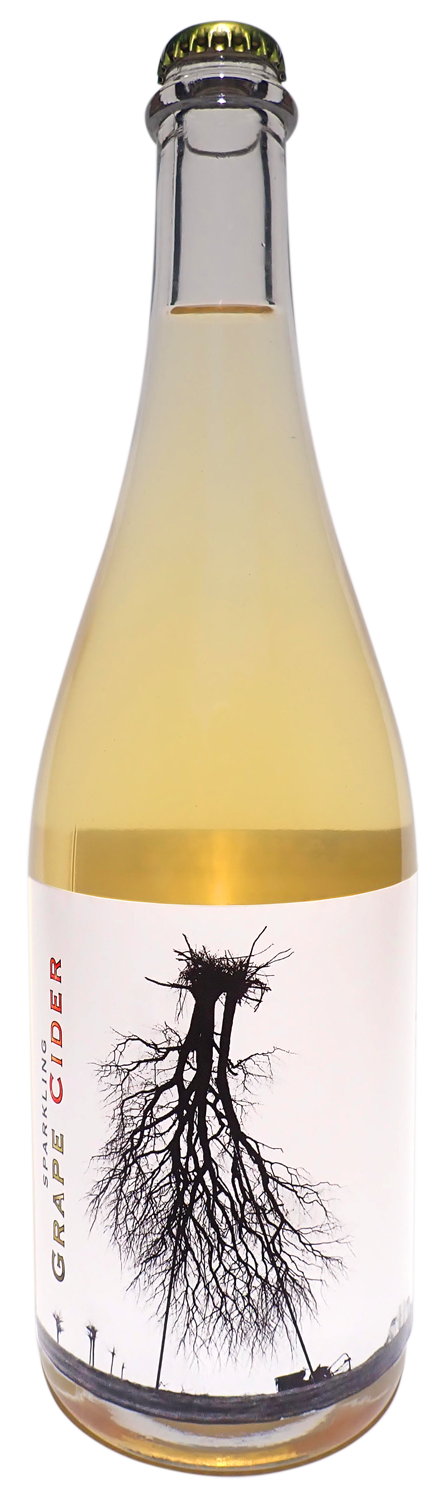a bottle of Channing Daughter's Sparkling Grape Cider - the label features the signuture Upside-down Tree sculpture