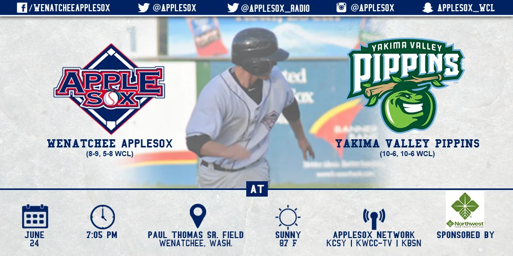 The AppleSox will look to even the series with the Yakima Valley Pippins, June 24, on Kid's Day at Paul Thomas Sr. Field.