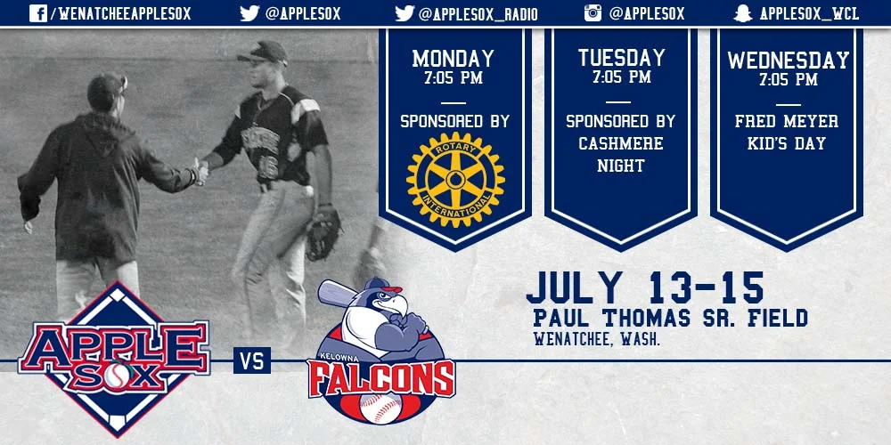 The AppleSox play a home-and-home six game series starting with three at Paul Thomas Sr. Field against the Kelowna Falcons, Monday.
