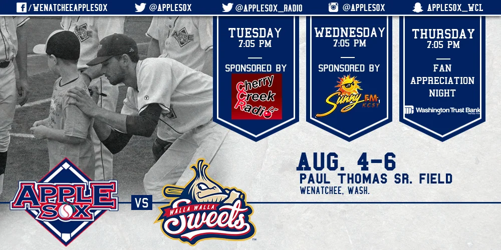 A fun-filled week lies ahead, as the AppleSox complete their 2015 home schedule with three great nights, sponsored by Cherry Creek Radio, Sunny FM, and Washington Trust Bank. 