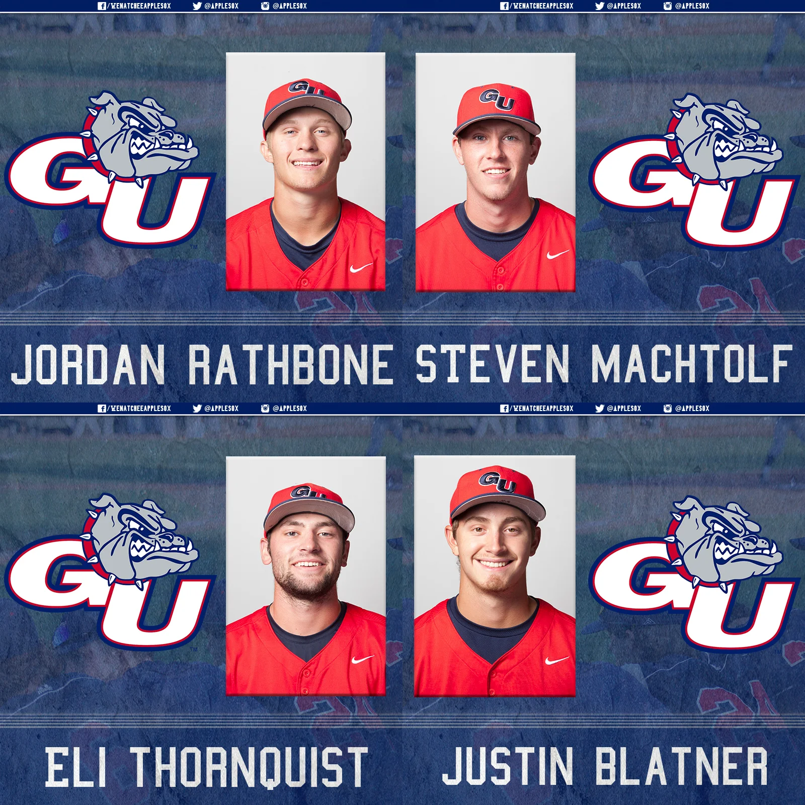 Current Gonzaga Bulldogs Left-handed pitcher Eli Thornquist, left-handed pitcher Justin Blatner, catcher/outfielder Jordan Rathbone, and infielder Steve Machtolf will don AppleSox uniforms this season.