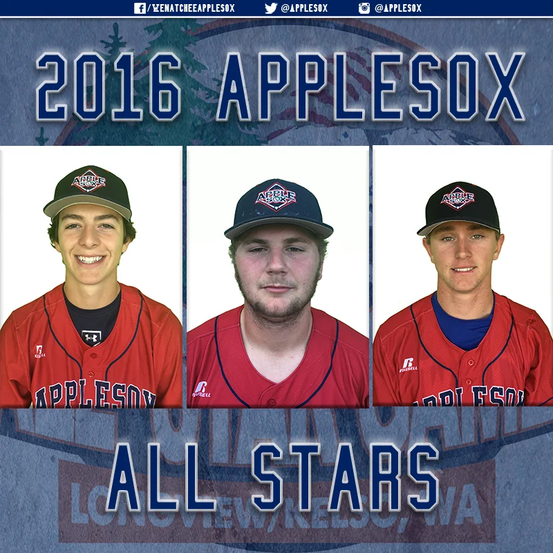 Three AppleSox players will represent Wenatchee in the 2016 West Coast League All Star Game, to be played at Longview, Tuesday June 19. The Cowlitz Black Bears will host. 
