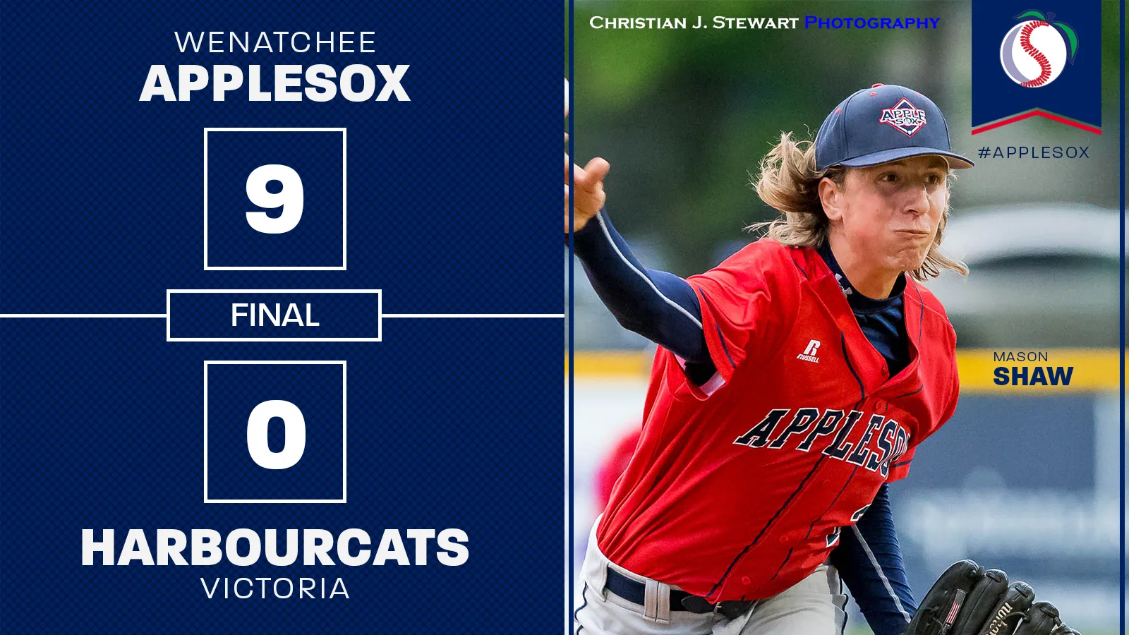 Photo Courtesy of Christian J. Stewart Photography - Mason Shaw throws one of his 120 pitches, Wednesday night. He worked 6 2/3 innings in the AppleSox first shutout of the season.