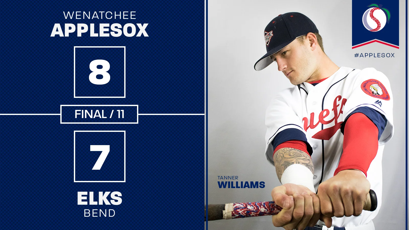 Tanner Williams hit the go-ahead single for the AppleSox to break a 7-7 tie in the 11th inning, Wednesday.