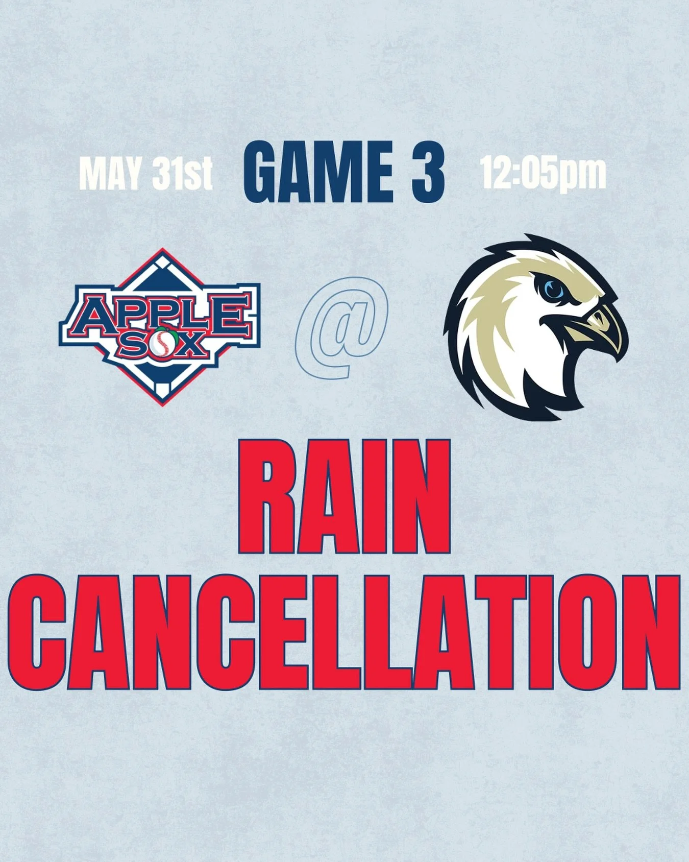 SOX FANS‼️ Important news about the 3rd game of the series! 

Due to rain, today&rsquo;s 12:05 PM game has been canceled. The game will be made up at a later date in Wenatchee, which has not yet been determined and will be announced once finalized. 
