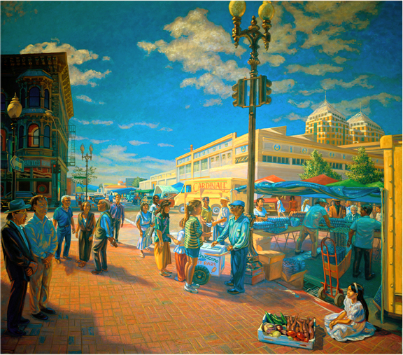 Market on 9th St - July, 10.5ft X 11.5ft, oil canvas, 1997, Oakland