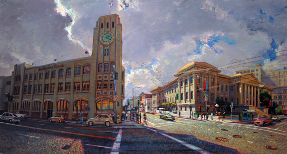 Storm Clouds over the Chronicle, oil on canvas, 24" X 48"