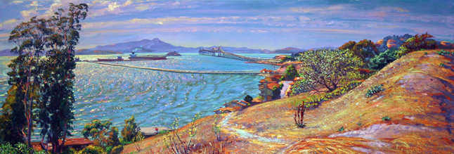Tankers offload oil for the Chevron Refinery in Pt. Richmond, oil on canvas, Detail