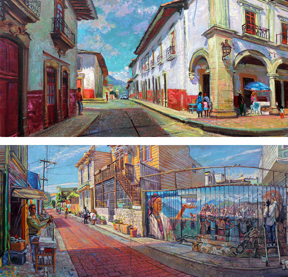 Above: Detail from "Un Rincon de La Plaza Grande, Patzcuaro, Michoacan Below: Detail from "On the Red Road, Balmy Alley, Mission District, San Francisco