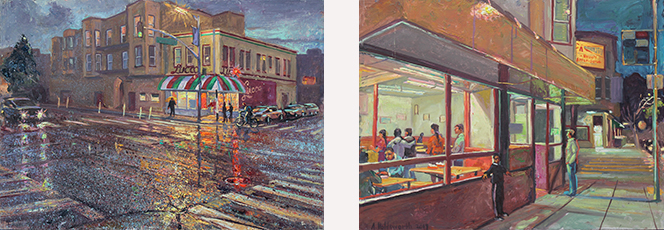 “Rainy Night,Lucca Ravioli”, oil/panel, A Holdsworth ……………………………. “Evening at El Farolito”, oil/panel, A. Holdsworth