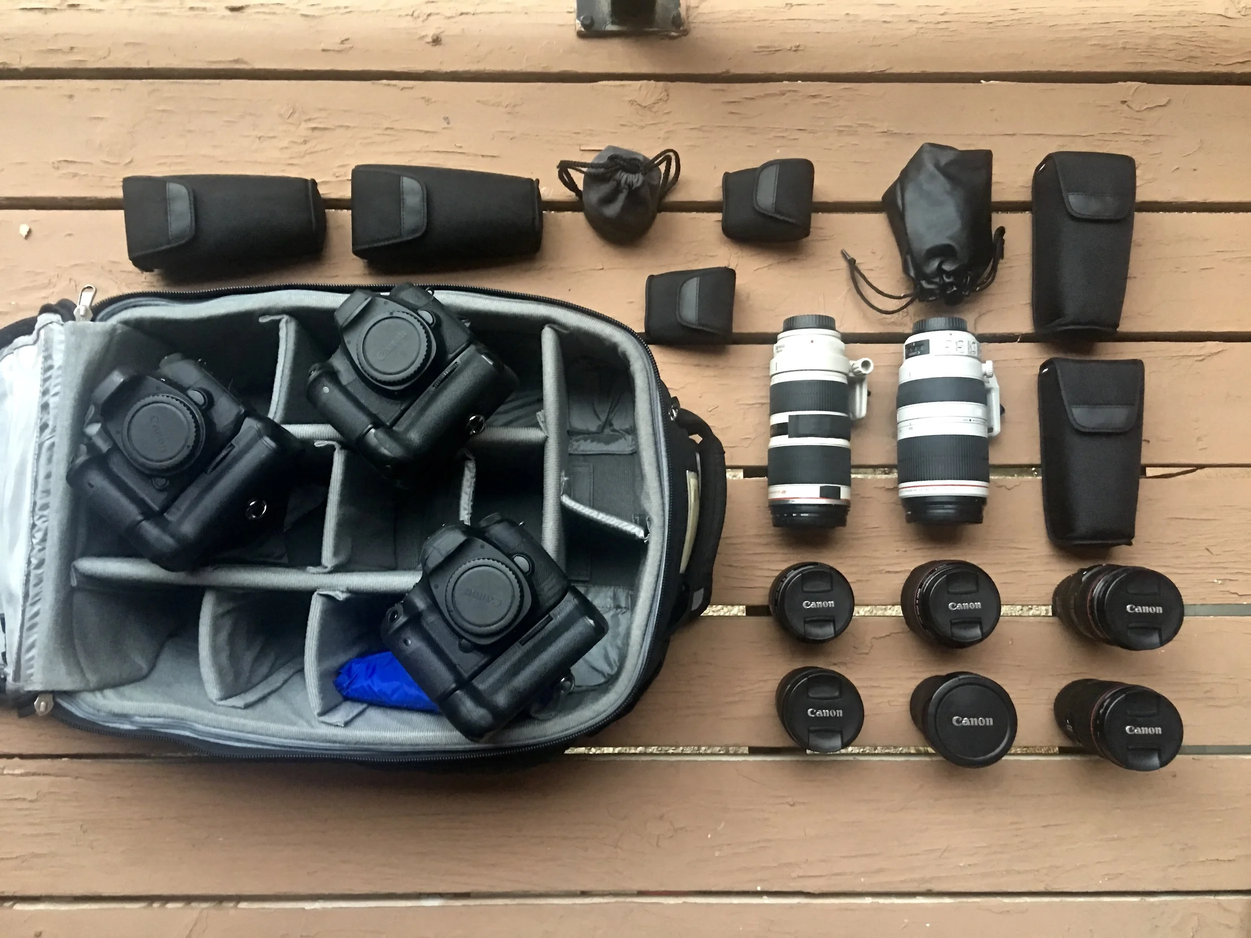 Everything pulled out from the internal storage of the Think Tank Airport V2.0.