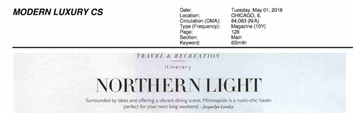 Modern Luxury (Chicago) (May 2018) - 'Travel & Recreation: Itinerary | Northern Light'