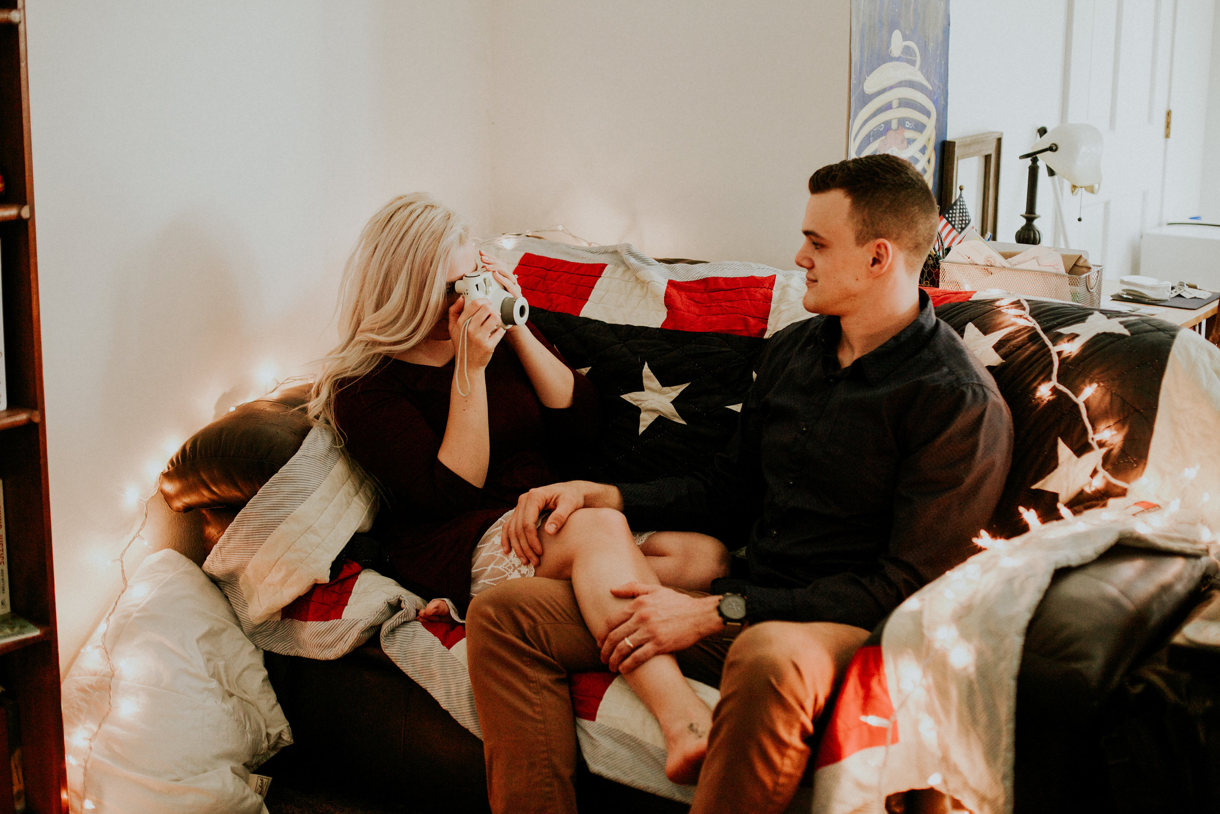 Gig Harbor living room snuggle session in home session with polaroid&nbsp;