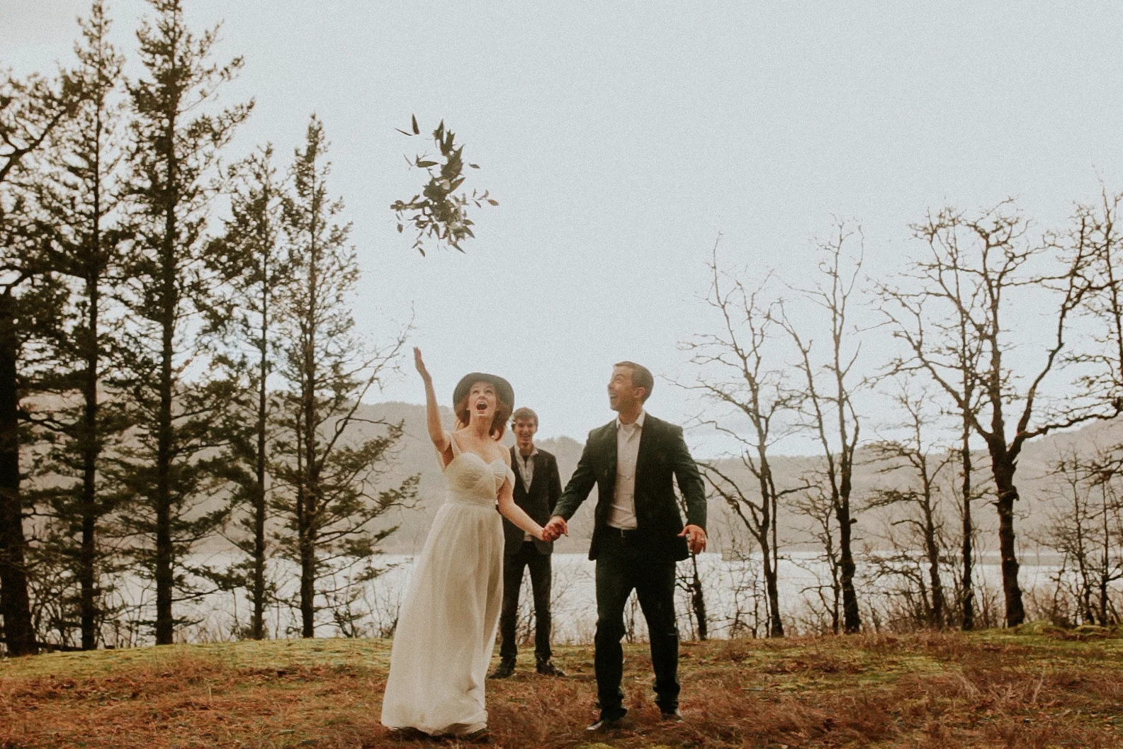portland elopement by a waterfall bride in a hat 