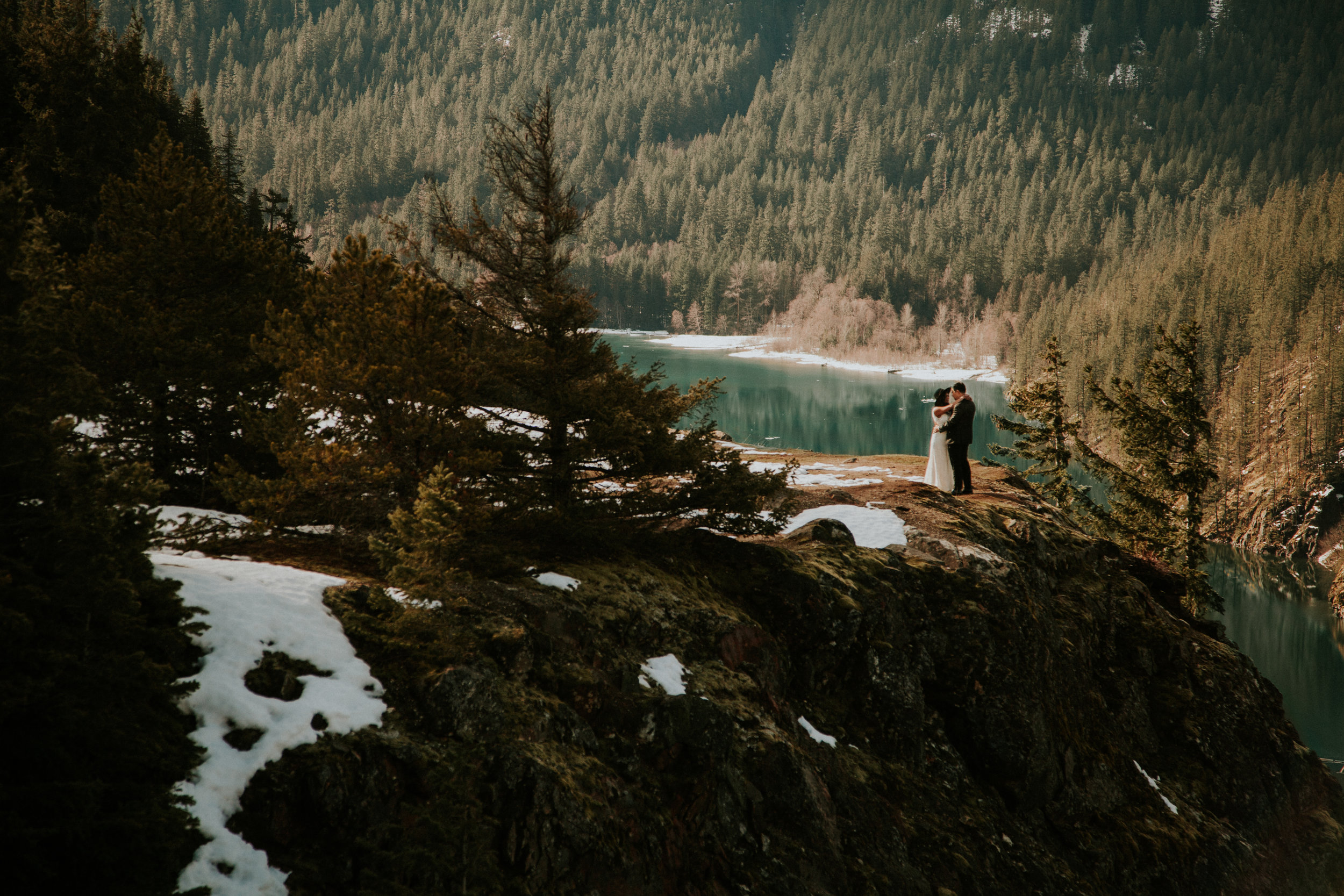 No hike! gorgeous mountain views, and forest at the bottom of the lake for tons of variety!