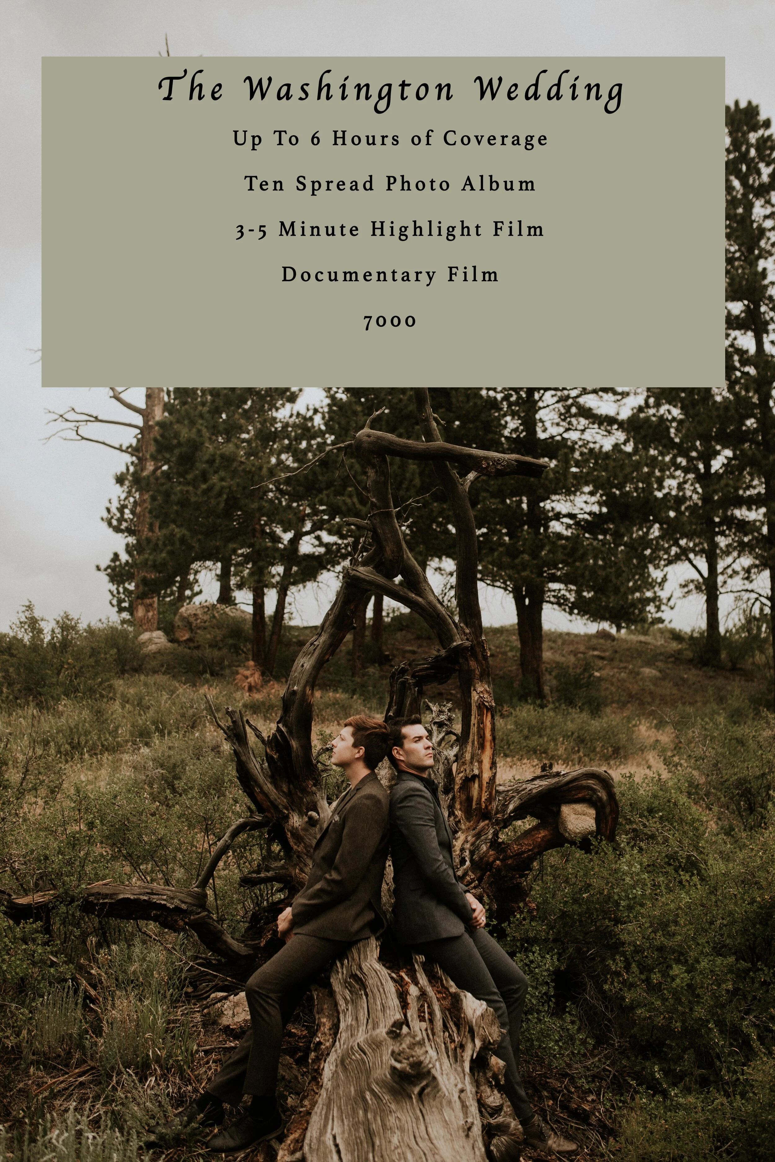 1 photographer (Me!), One videographer, Up to 6 hours of coverage, a custom, fully designed ten spread photo album, a 3-5 minute highlight film, a documentary full ceremony video!