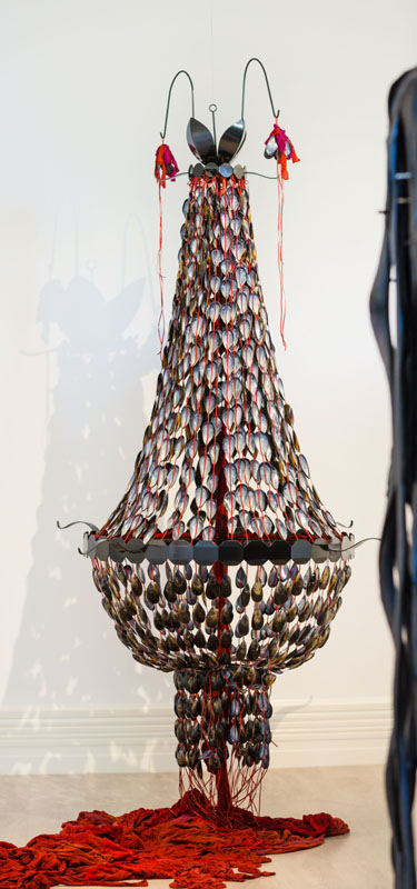 Mussel Shell Chandelier, 2016, (detail), Mussel shells, red stockings (photo: Mark Sherwood)*