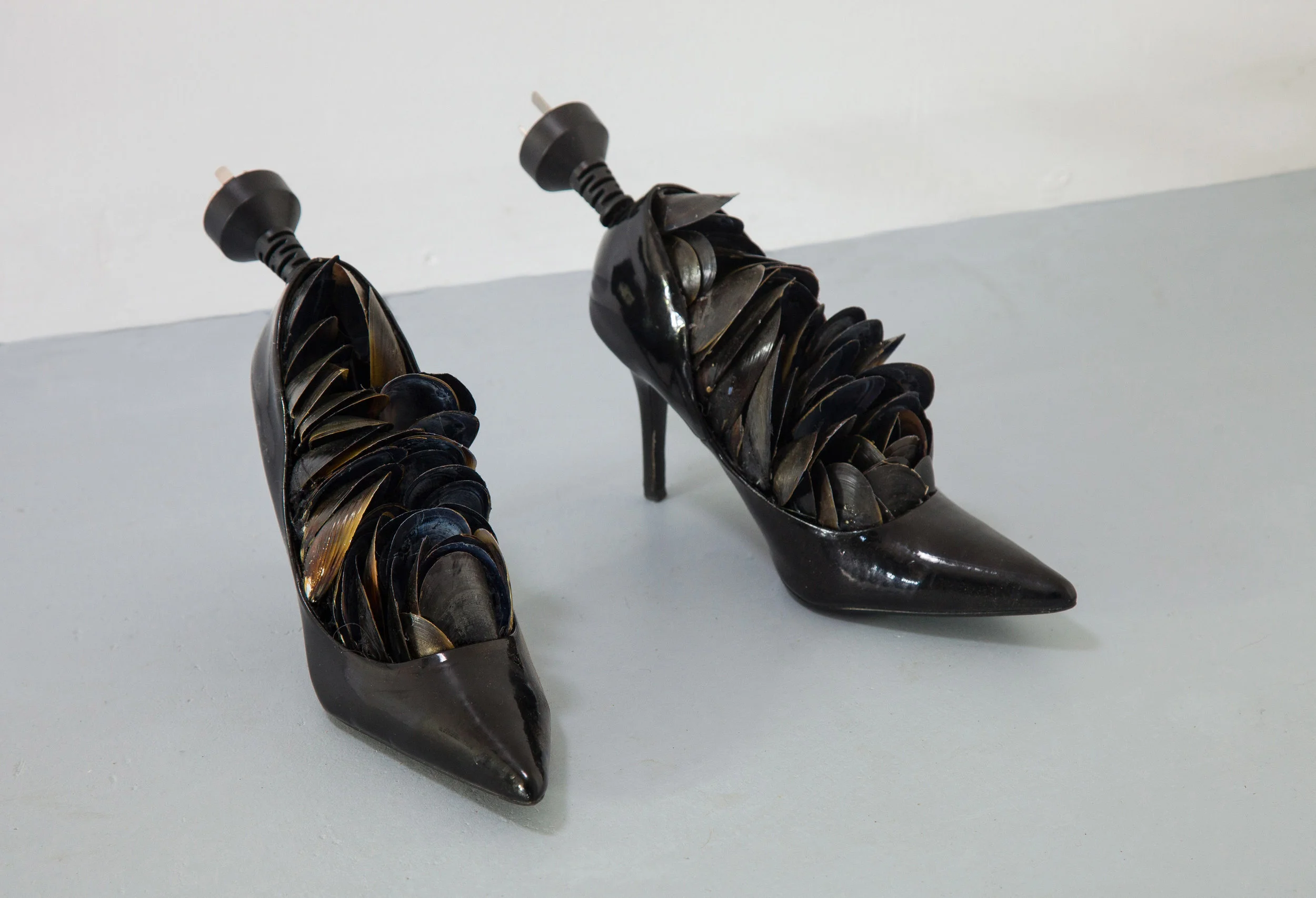 Dance Me to the End of Night, 2016, (detail, installation view) mussel shells, found shoes, electric cable (photo: Mark Sherwood)*