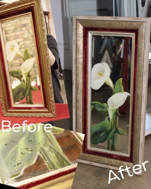 We cleaned and repaired the flaking original artwork on the mirror. We decided to keep the two original inner mouldings to preserve some of the original framework. The outer frame was replaced as the original was not strong enough to support the piece any more as we also added a piece of Museum glass to the front to protect the painting and the velvet frame from further deterioration.
