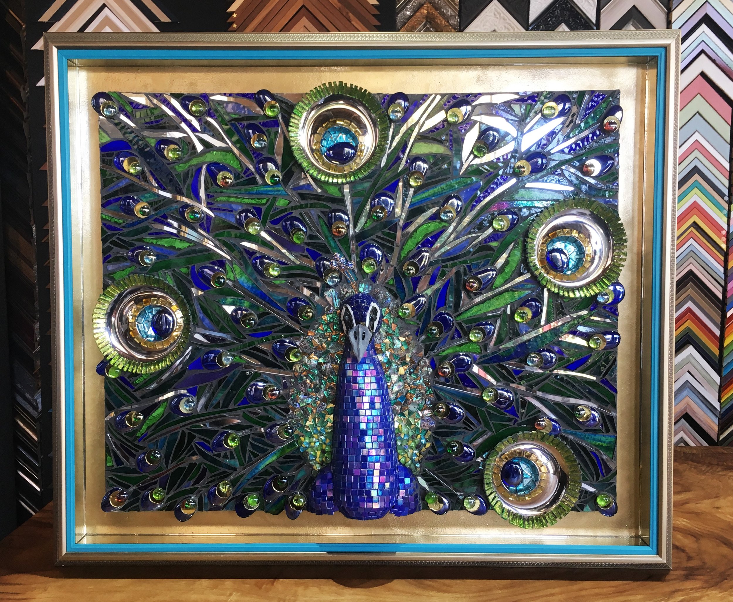 Mosaic with mirrored sides and custom coloured hand finishing