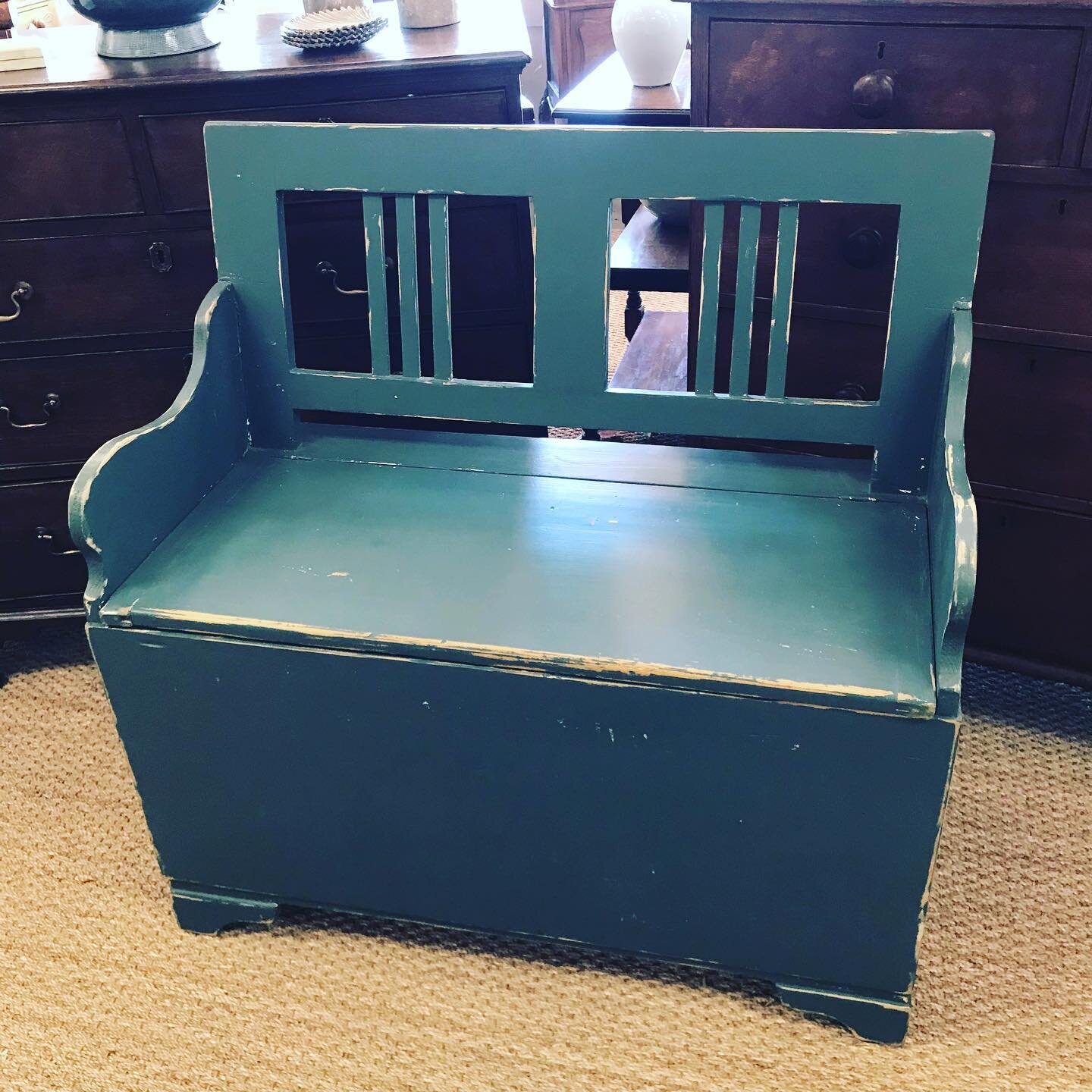 Tag SALE&hellip;English Painted Bench with Seat Storage. Perfect for a mudroom, kitchen, bedroom or living room. DM @westendaugusta or Call 706-830-9641 for further details.