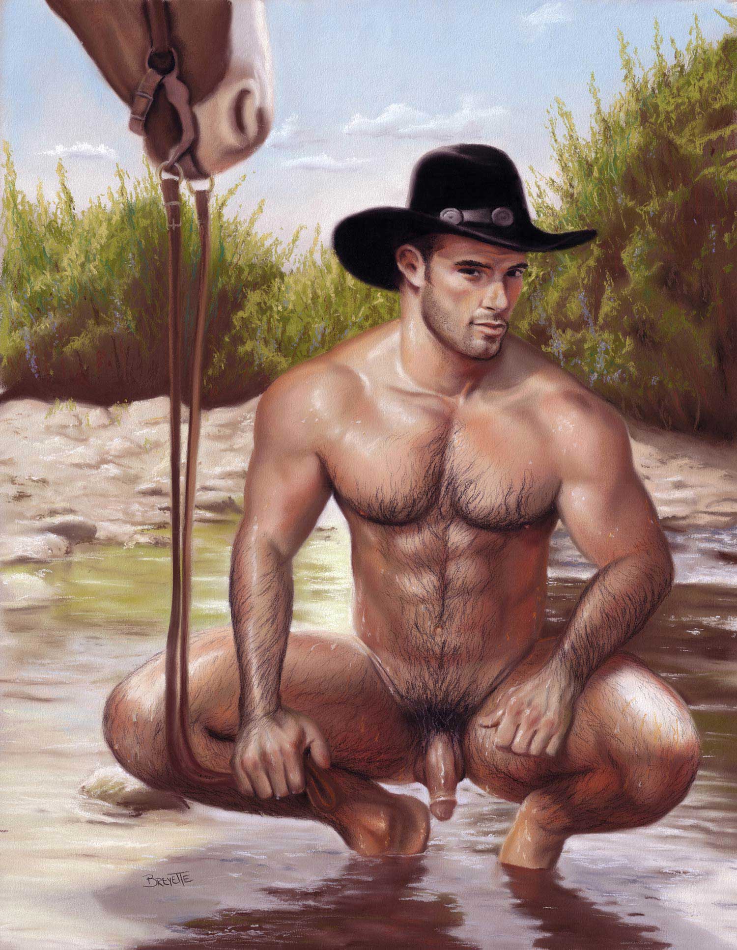 Kirill Fadeyev Painting Cowboy Graphic On Paper Men Nude Gay Art Boy