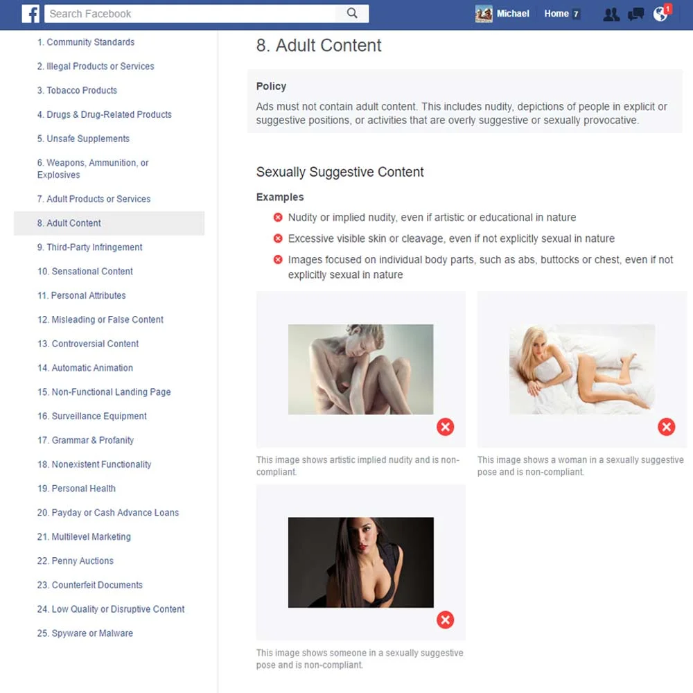 Are abs sex? Is skin suggestive? Is 'implied nudity' harmful?  Facebook says yes.