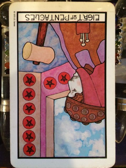Eight of Pentacles reversed, Aquarian Tarot Deck