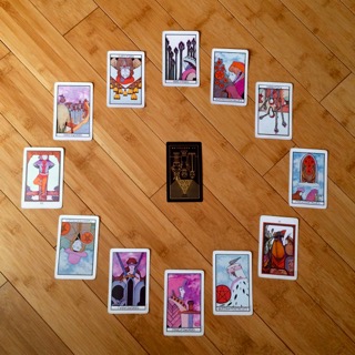 Astrological spread containing Aquarian Tarot Deck and Golden Thread Tarot cards