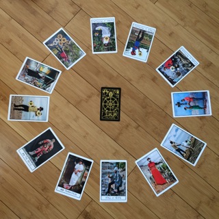 Astrological spread containing The Ghetto Tarot and Golden Thread Tarot cards