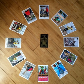 Astrological spread containing The Ghetto Tarot and Golden Thread Tarot cards