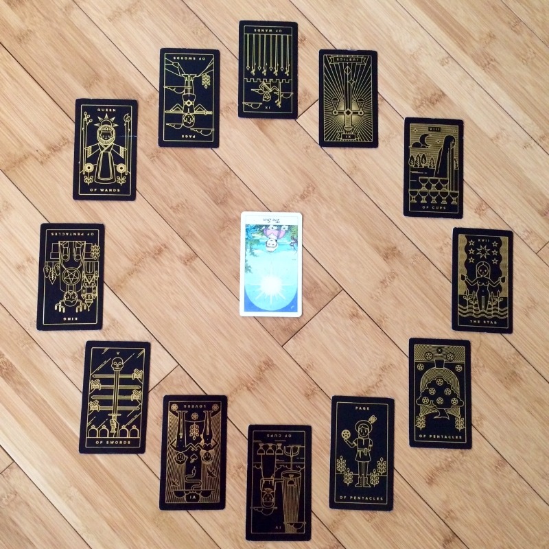 Astrological spread containing Cosmic Tarot and Golden Thread Tarot cards
