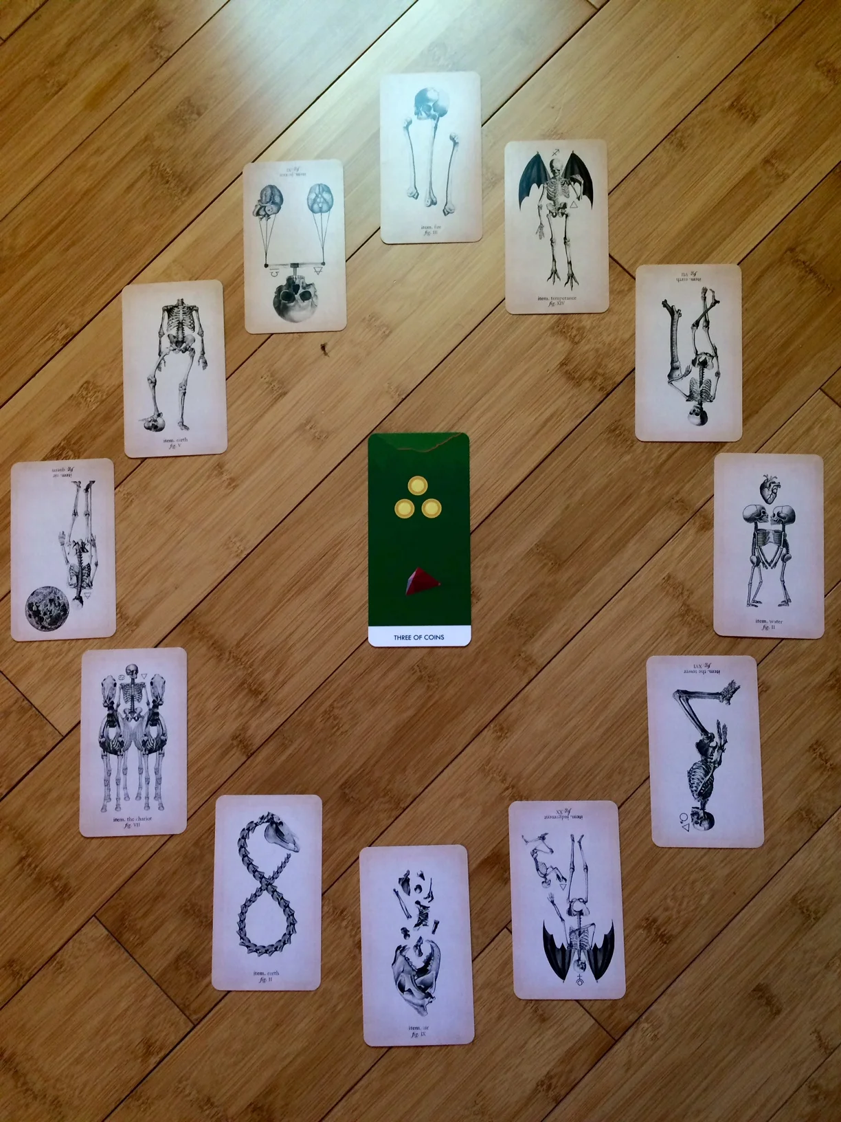Astrological spread containing cards from the Antique Anatomy Tarot and A Wicked Pack of Tarot Cards