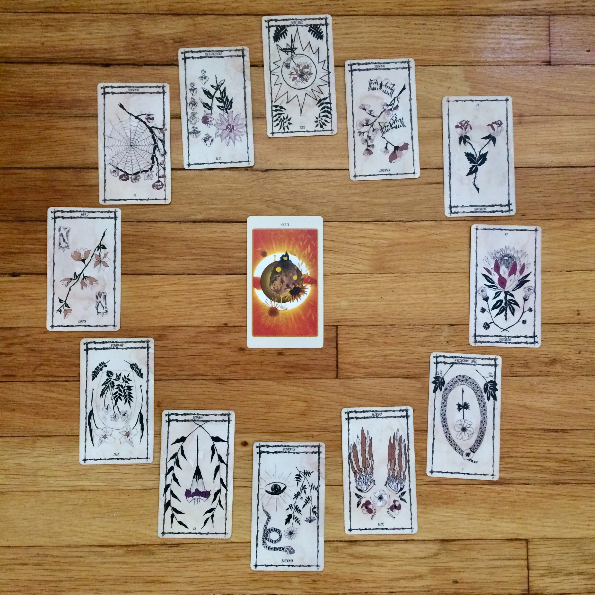 Astrological spread using Ophidia Rosa Tarot and The Spolia Tarot