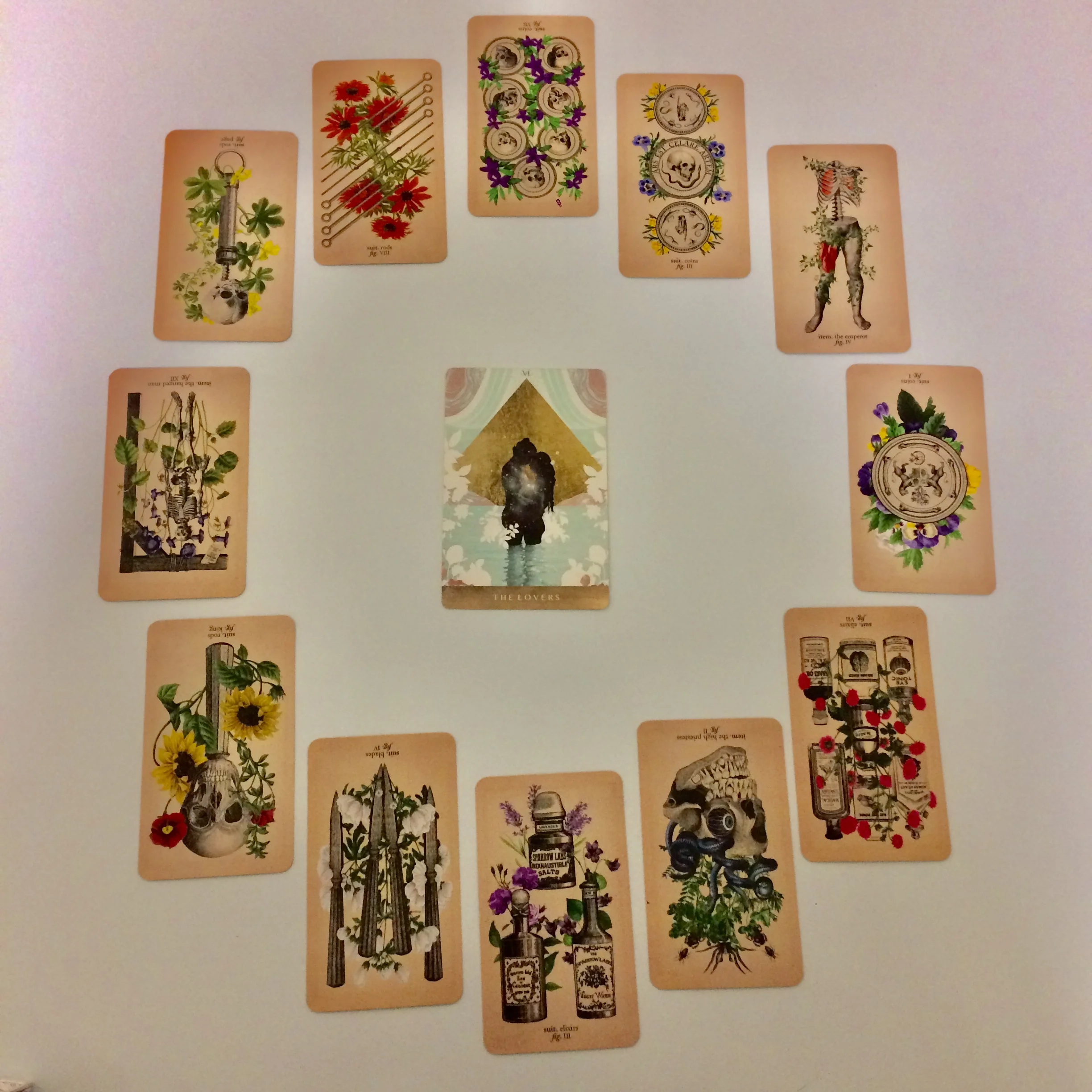 Astrological spread with Antique Anatomy Tarot - Ephemera Edition and The Moonchild Tarot
