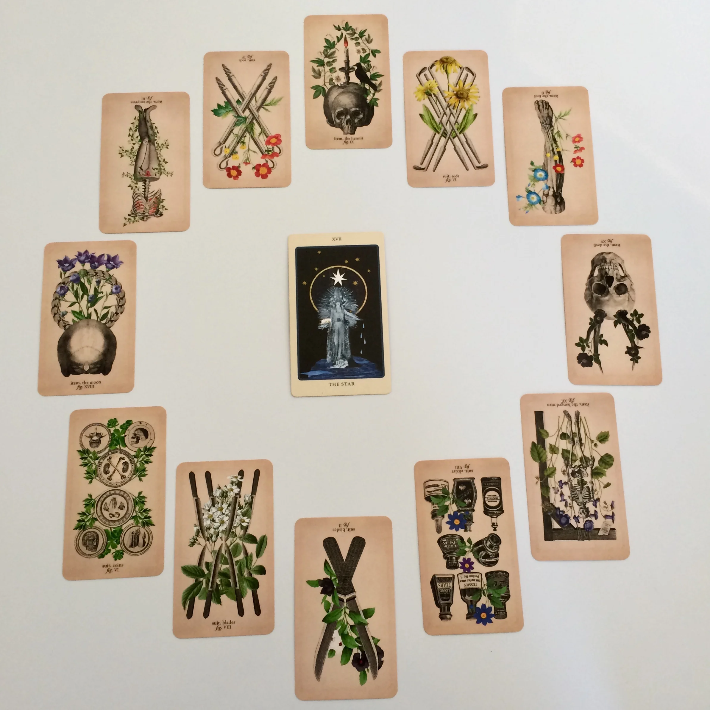 Astrological spread with The Spolia Tarot and The Antique Anatomy: Ephemera Edition
