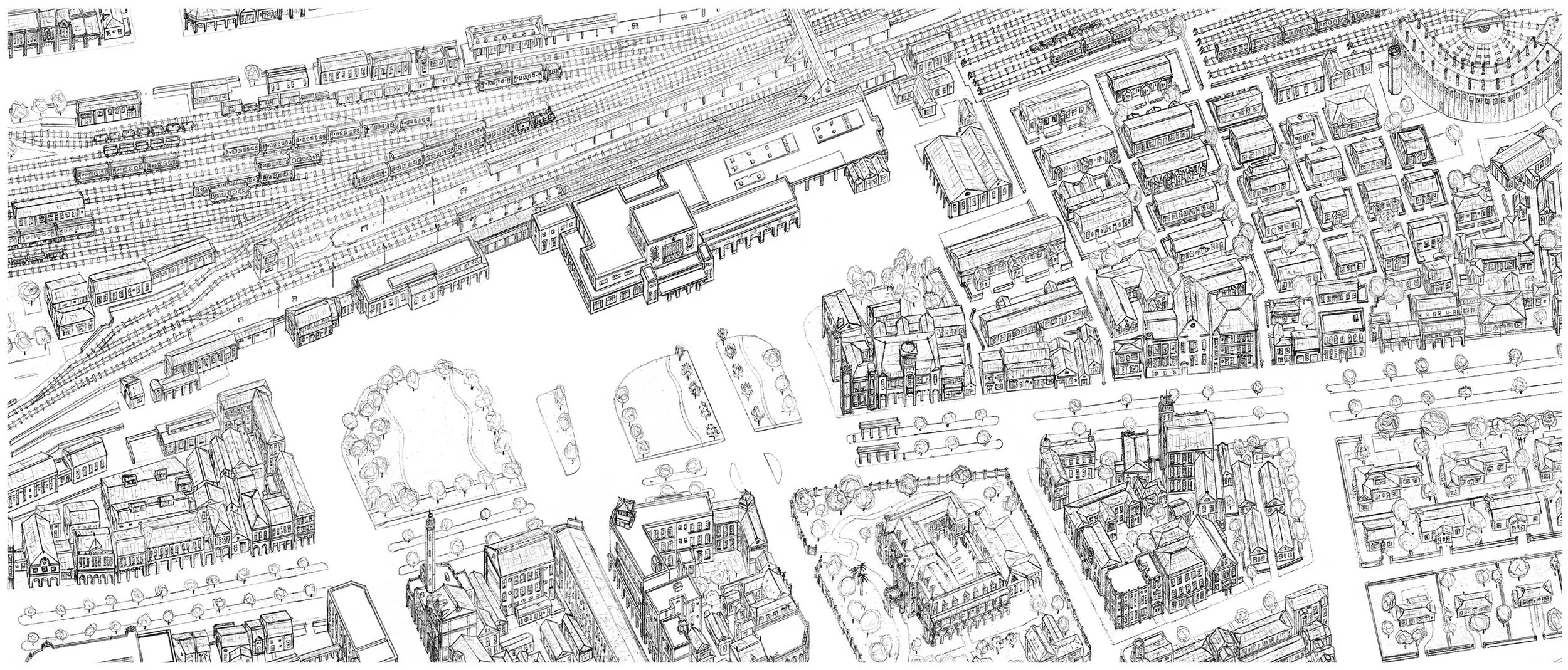 My own drawing of the Taipei Main area in the early 1940’s from Historic Taipei . You can see the Osaka Merchant Shipping Company Building directly south of the station. The east area contains old wooden dormitories, some of which are still there. Taipei also used to have a roundhouse similar to the one that still exists in Changhua. The grand building with the walled garden in the center bottom is the Taipei Railway Hotel. This was destroyed by bombing in World War 2.