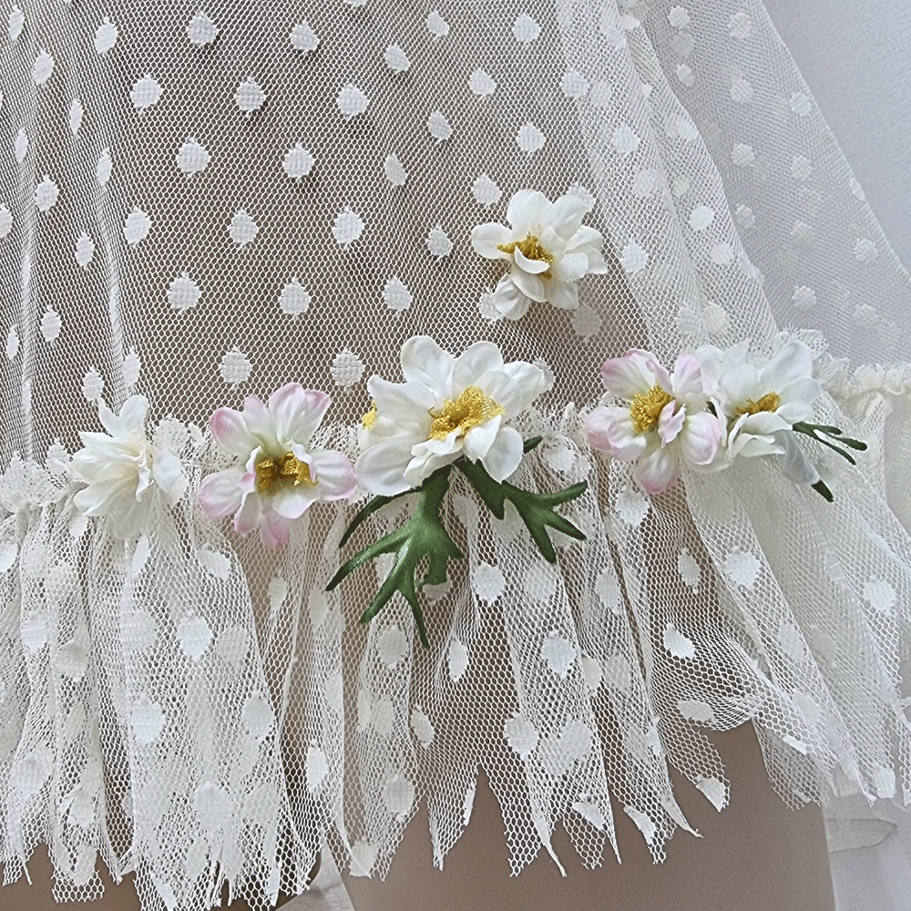 Bella floral, polka dot sheer mesh lingerie slip dress, frill trim, bespoke, hand-made