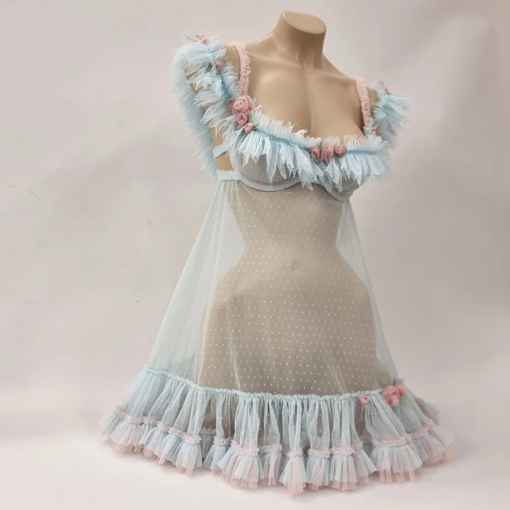 Technicolor Powder blue pink rose embellished babydoll dress  Buttress & Snatch