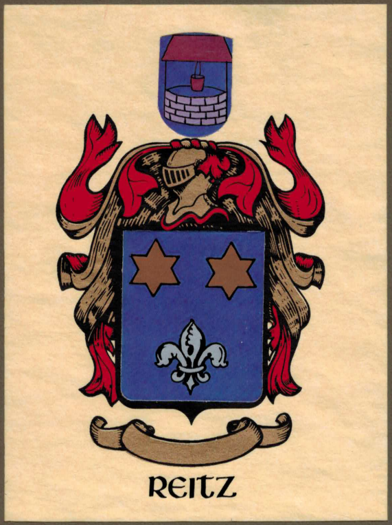 The traditional Reitz coat of arms , as recorded in various Reitz books (e.g. Family History of the Descendants of Johan Friedrich Reitz , 1930). I believe it is not historically accurate, however.
