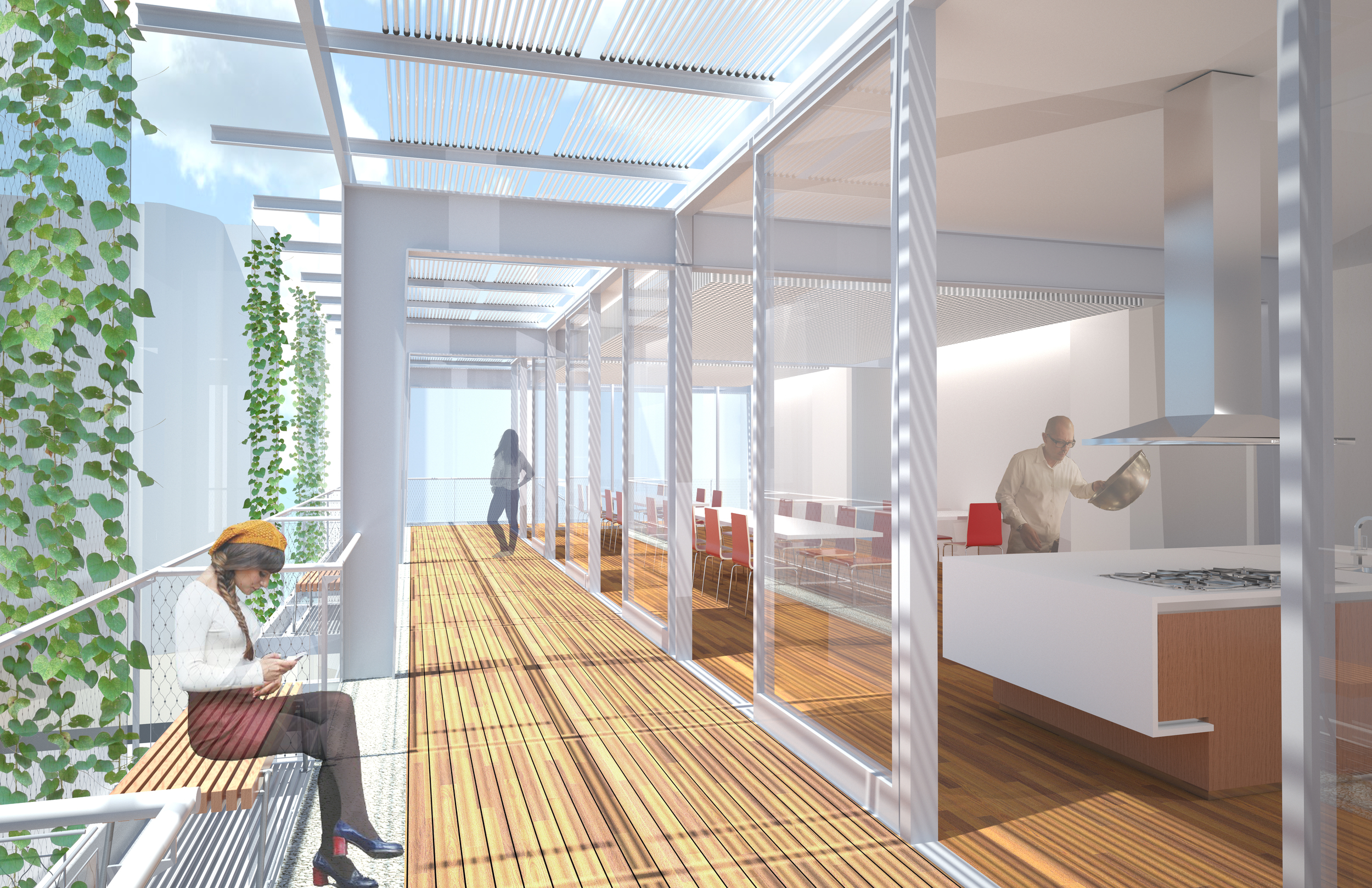 The roof terrace has a laundry, a desk and a large dining room and kitchen that can be reserved by the tenants.