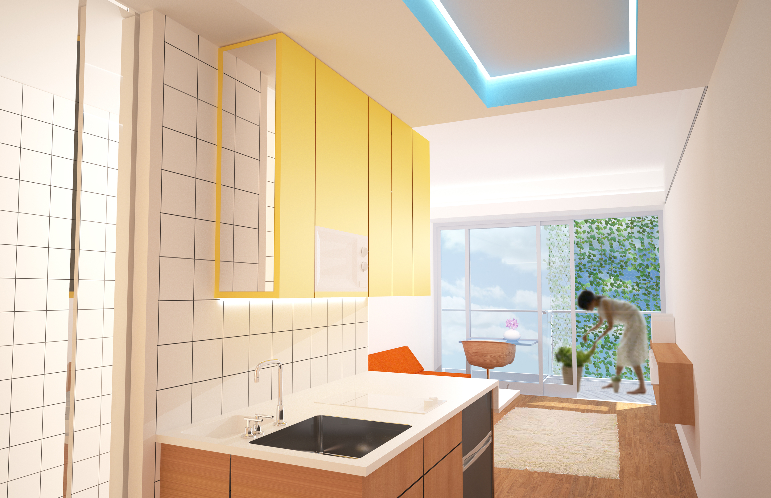 The studio apartment of 300 sf has zones to extend the real and perceived dimension of the space: an entry threshold of storage, a zone of kitchen and bathroom, a major living room and then a balcony.