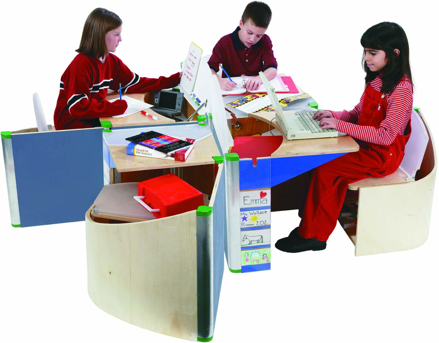 Writable laminate surfaces are durable and can be coordinated in various colors. 