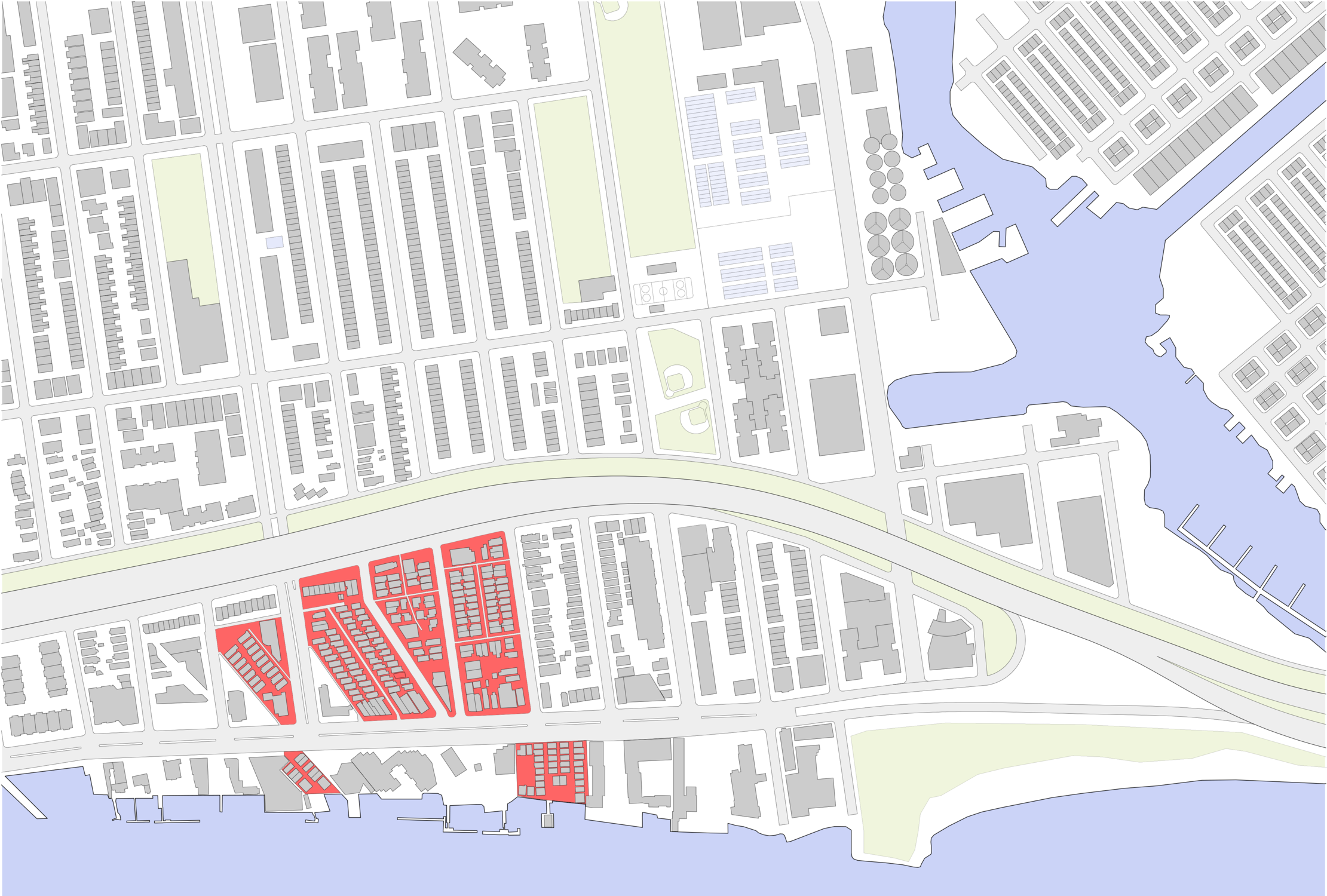 Originally developed in the 1920s as summer cottages on marshy infill, the bungalow courts of Sheepshead Bay are organized around internal mews that now stand at 4 feet below the street level as a consequence of the construction of the Coney Island Sewage treatment Plan, which entailed raising the surrounding grid.