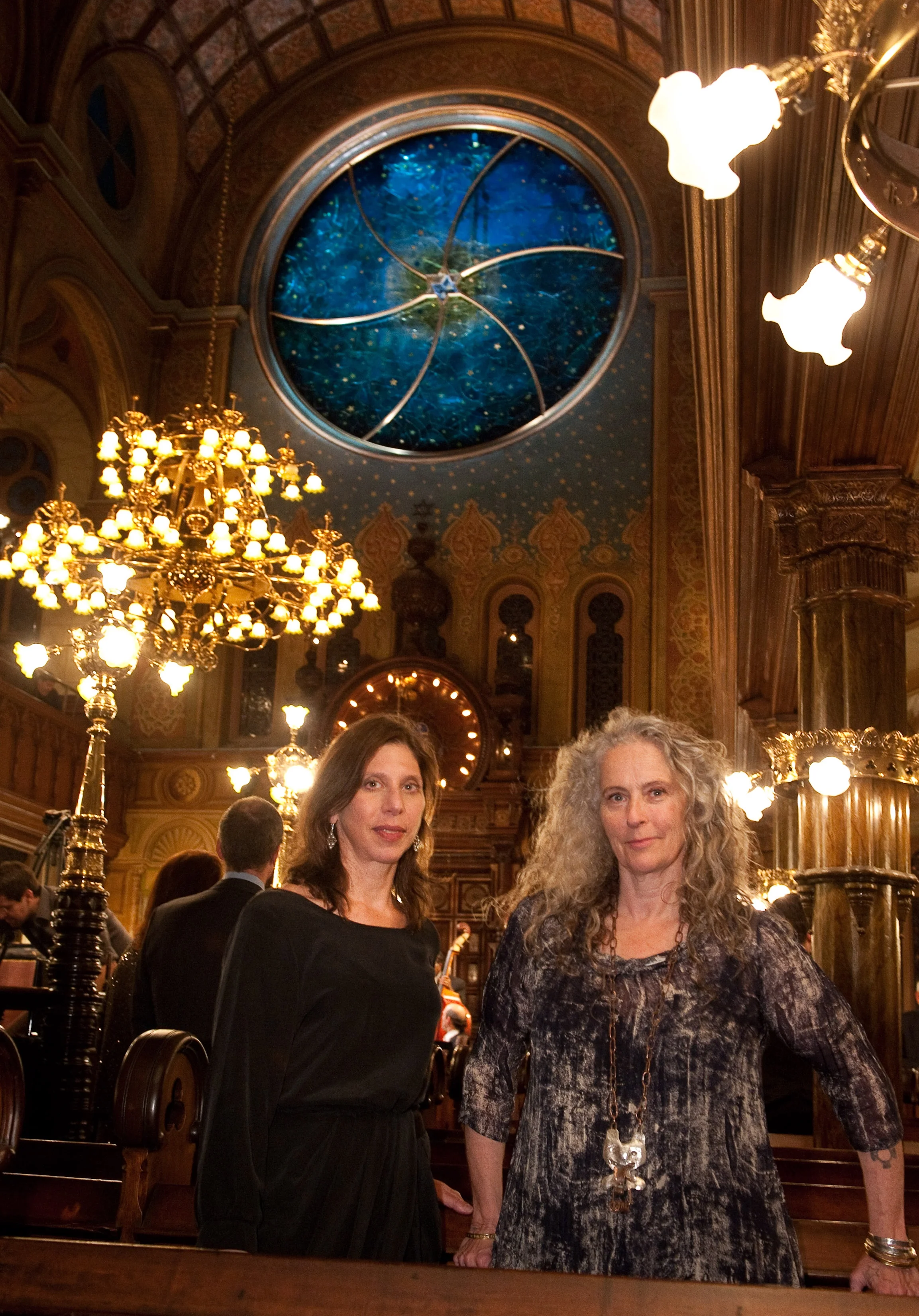  Created with artist and friend Kiki Smith, the window is a meditation on the highly ornamented interior of the historic synagogue built in 1887.  (Deborah Gans left, Kiki Smith right) 