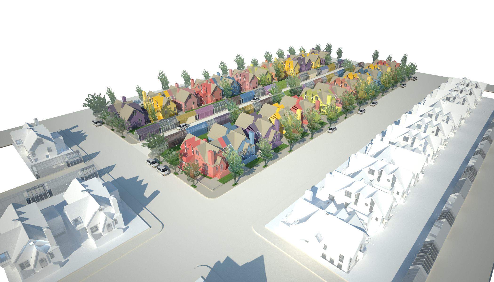 At the scale of the block, the addition of a mews addresses the increased parking and services required by the added density. The mews also provides garden play space for the block. 